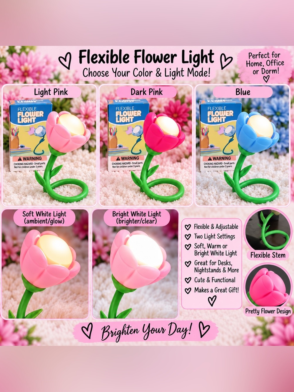 Flexible Flower Light - Pink or Blue Nightlight, Reading Light CHOOSE 1